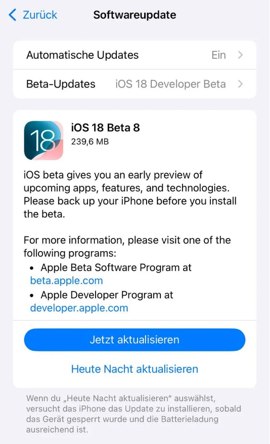 阿拉善左苹果手机维修分享苹果 iOS / iPadOS 18 开发者预览版 Beta 8 发布 